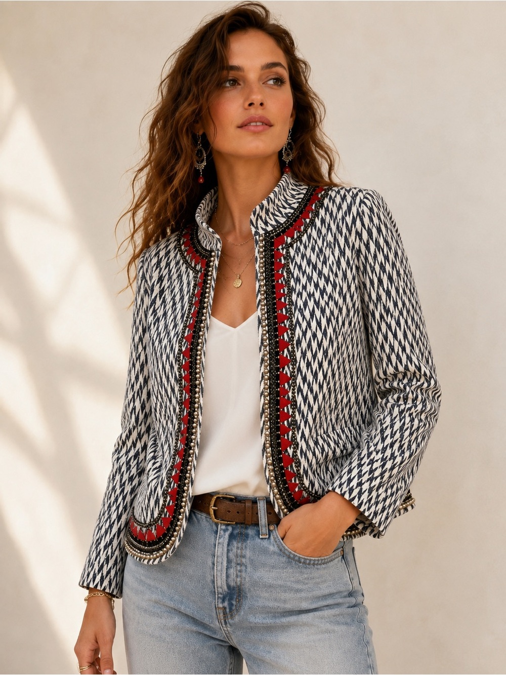 Bazar Deluxe Embellished Geometric Jacquard Jacket Beaded Cotton Made in Italy